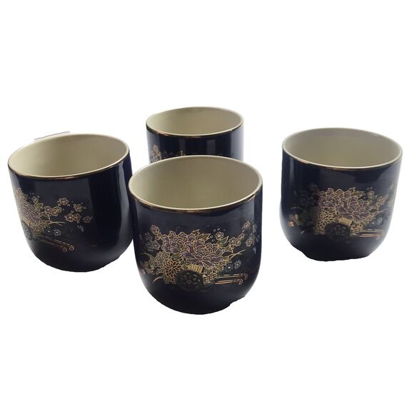 Vintage KUTANI JAPANESE TEA SET Cobalt Blue Porcelain Flower Cart Gold Leaf Trim - Picture 6 of 15